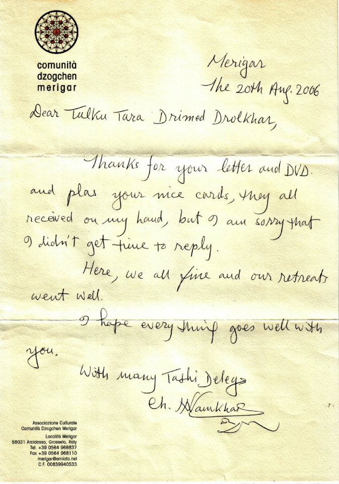 Dharma letter from Chögyal Namkhai Norbu Rinpoche