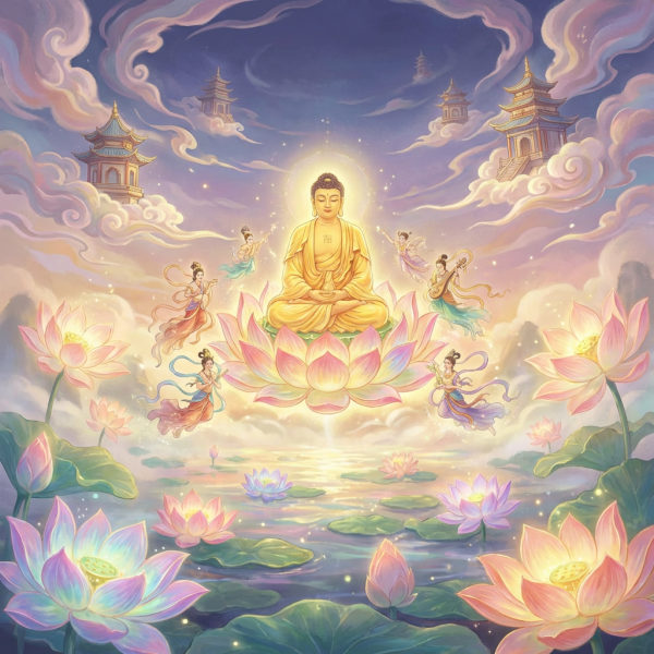 Buddha meditates on a blooming lotus surrounded by celestial beings in a mystical sky.