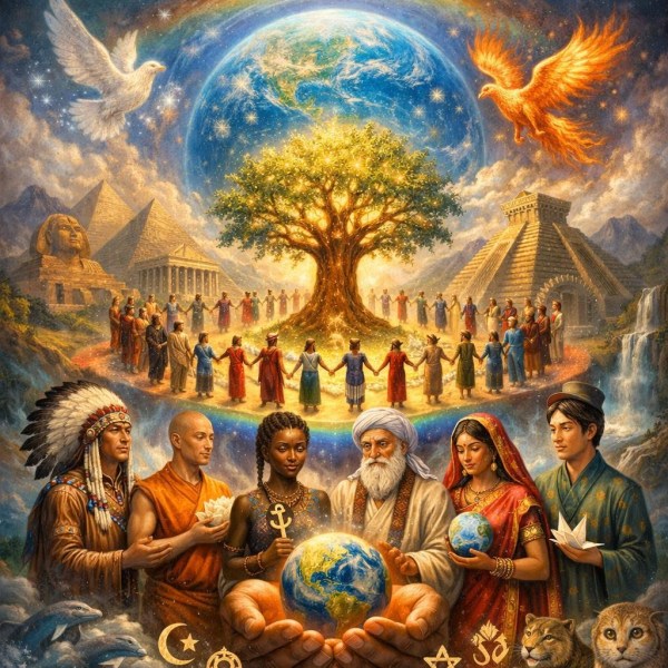 Diverse cultural and religious figures holding Earth symbol with glowing tree and people holding hands around it