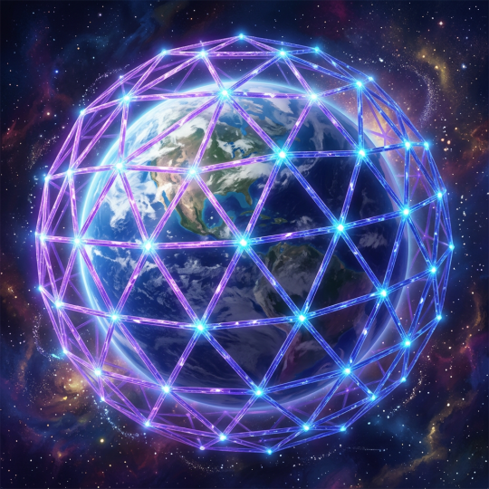 Earth surrounded by a glowing geometric network grid in space