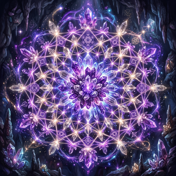 Glowing purple crystal formation in a geometric mandala pattern with mystical symbols