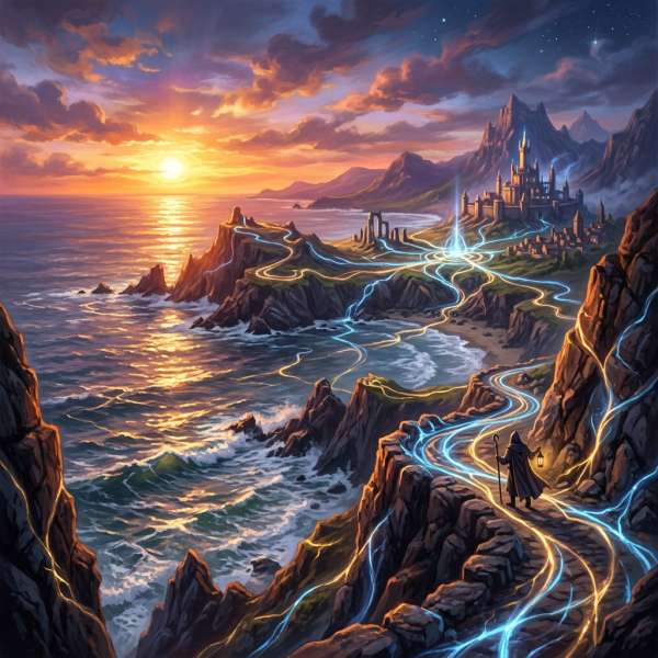 Rugged coastline at sunset with glowing magical paths leading to a distant castle and a robed traveler holding a lantern.
