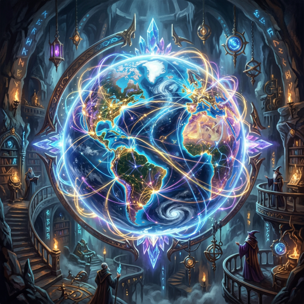 Glowing Earth orb with neon light paths in a mystical cavern library surrounded by robed wizards