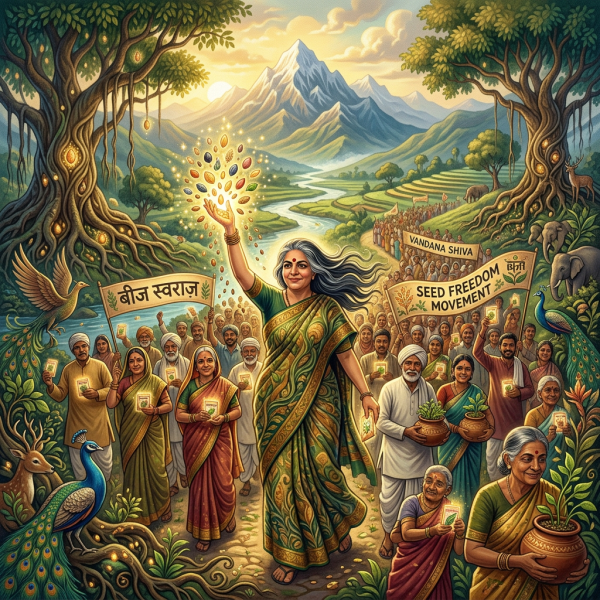 Vandana Shiva and diverse group holding seeds and plants in a peaceful rural setting with banners reading Seed Freedom Movement and बीज स्वराज