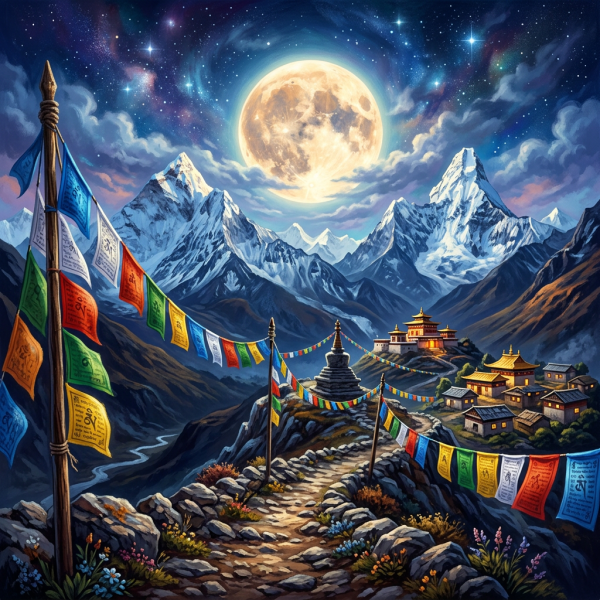 Mountain village with prayer flags under a full moon at night