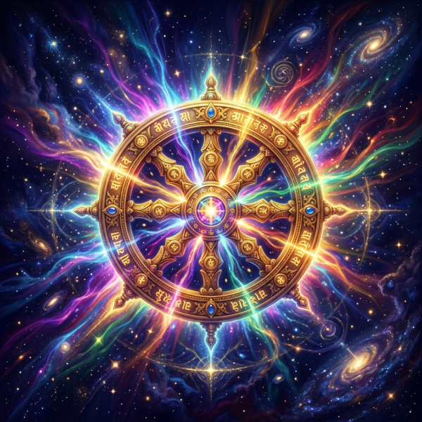 Golden dharma wheel with Sanskrit symbols radiating multicolored energy streams in a starry cosmic background