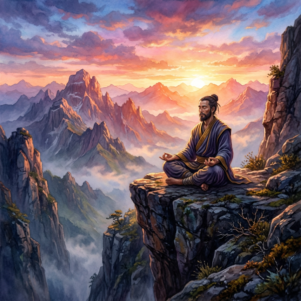 Man meditating cross-legged on rocky cliff with sunrise and mountains