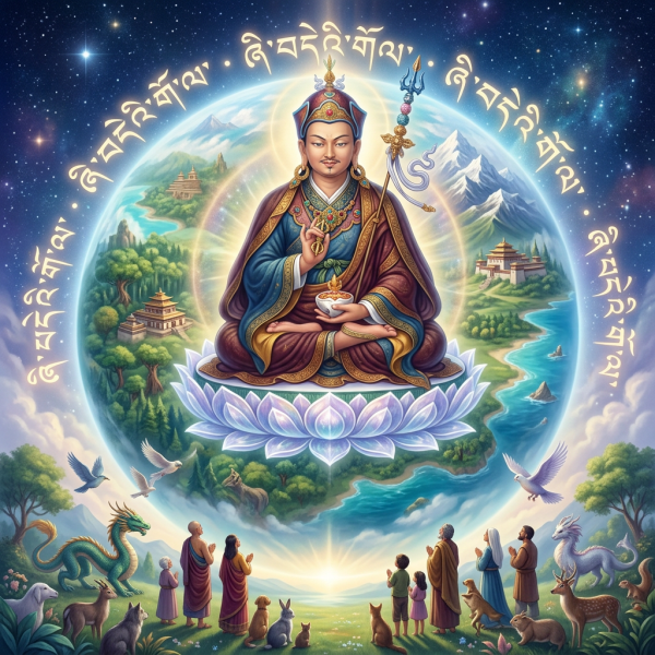 Spiritual figure seated on a lotus flower surrounded by nature, animals, and followers beneath a cosmic sky