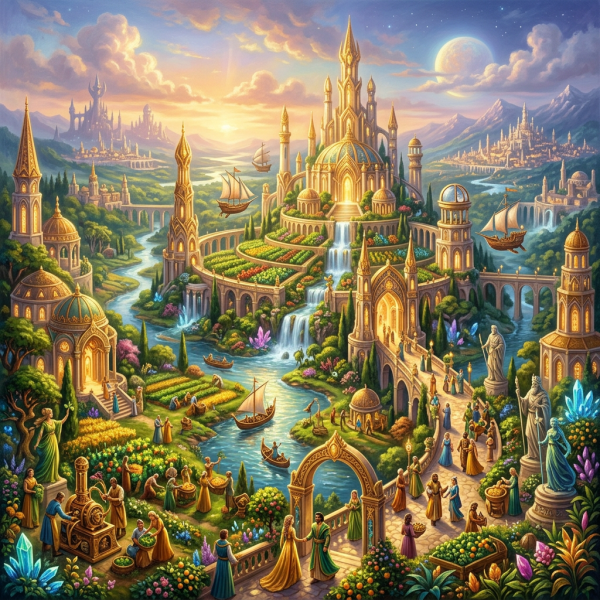 Fantasy city with golden spires, waterfalls, boats, and people in colorful medieval attire