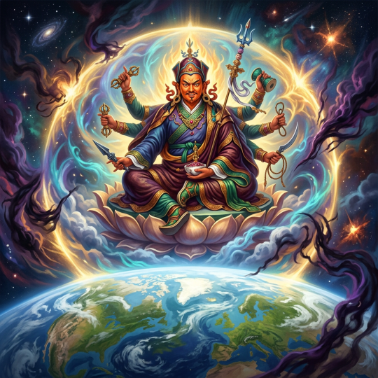 Multi-armed deity seated on a lotus above Earth in space