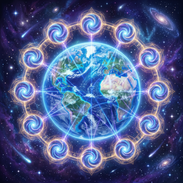 Glowing Earth surrounded by twelve swirling cosmic symbols and connecting light lines