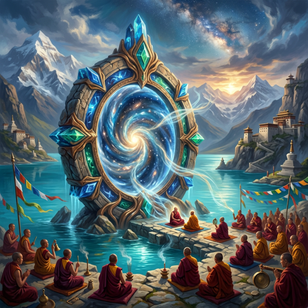 Monks gathered around a glowing cosmic portal beside a mountain lake
