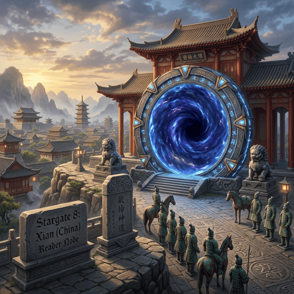 Glowing portal labeled Stargate 8: Xi'an (China) Reader Door before a Chinese temple