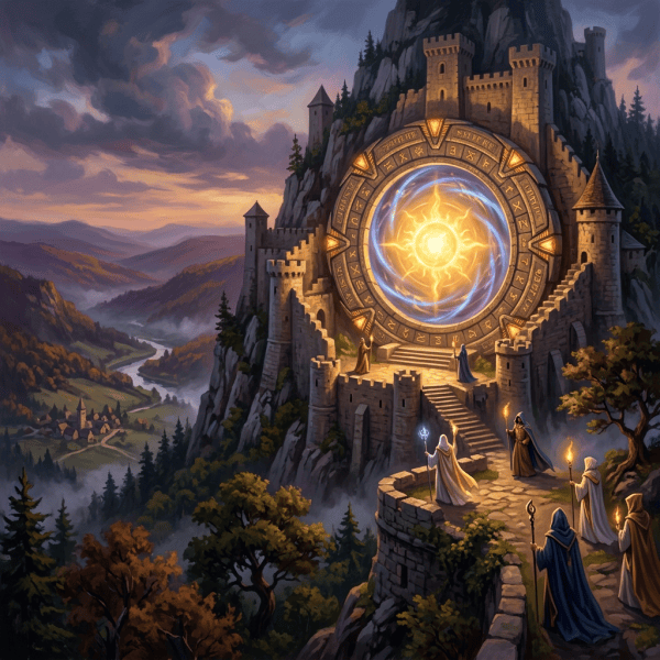 Wizards gather before a glowing portal at a mountain castle