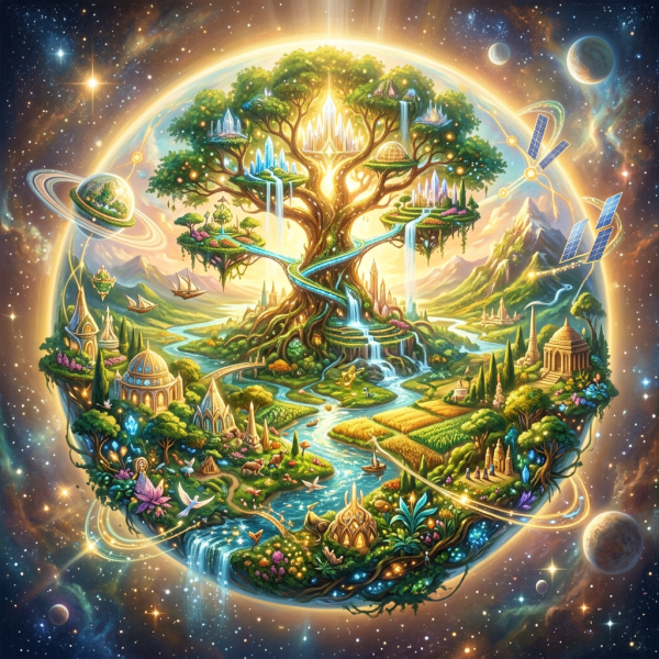 Glowing fantasy world centered on a giant tree with rivers, cities, planets, and satellites