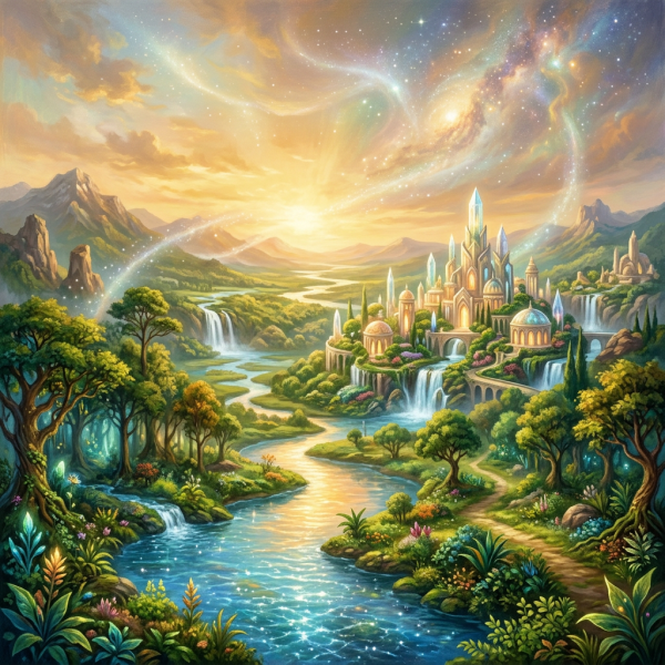 Fantasy kingdom with crystal towers beside waterfalls beneath a starry sky