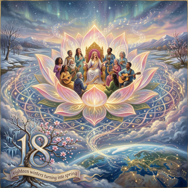 Illustration of musicians gathered around a throne-shaped lotus with text, “18” and “eighteen winters turning into spring.”