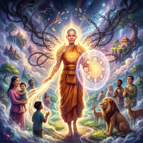 Radiant monk surrounded by worshippers, wildlife, floating temples, and broken chains