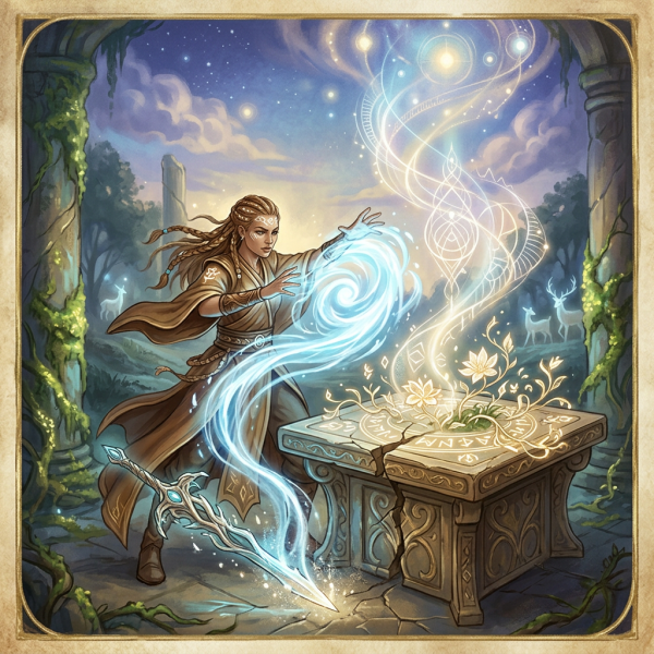 Mage summoning a luminous water spirit beside a rune-covered stone table