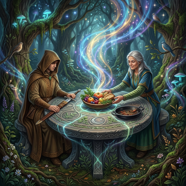 Hooded guardian and forest keeper sharing food at a rune-carved table