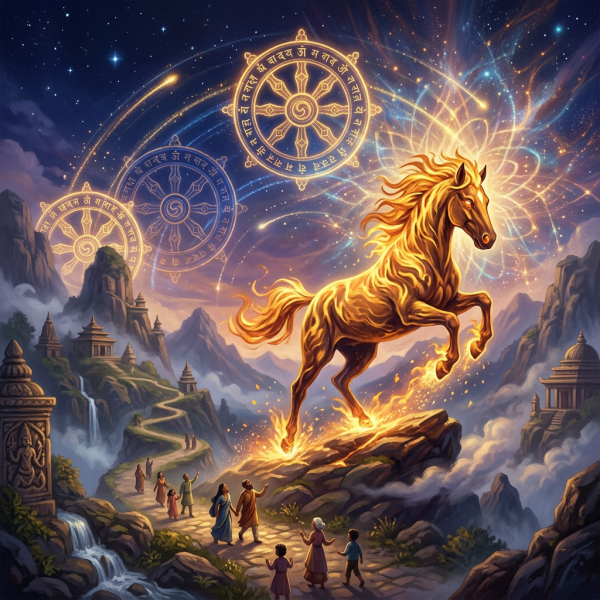 Golden horse leaping above mountains beneath glowing celestial mandalas